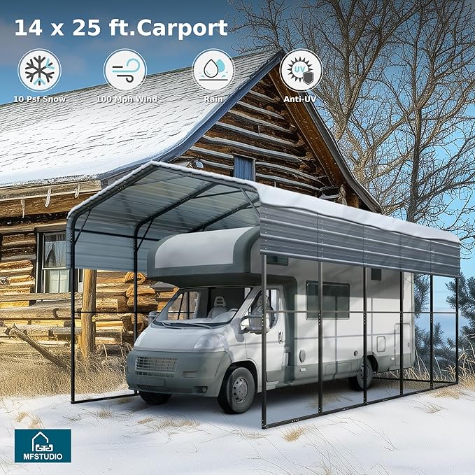 MFSTUDIO RV Carport 14x25 ft, Outdoor Heavy Duty Carports, Height 13 ft for Large RVs Metal Shed Canopy Shelters Garage Shelter Shade Car Ports with Galvanized Roof for Cars, Truck and Boats ﻿