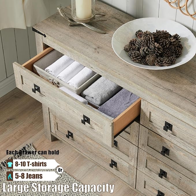T4TREAM Farmhouse 8 Drawers Dresser for Bedroom, Rustic Wood Double Dresser TV Stand, Wide Storage Dressers Organizer for Living Room, Hallway, Light Rustic Oak