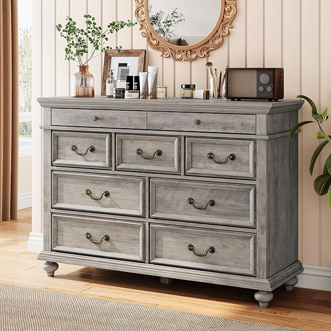 IDEALHOUSE 47" Farmhouse Dresser for Bedroom with 9 Drawers, Rustic Wood Chest with Vintage Metal Handles for Bedroom, Large Storage Organizer for Living Room, Entrance, Gray