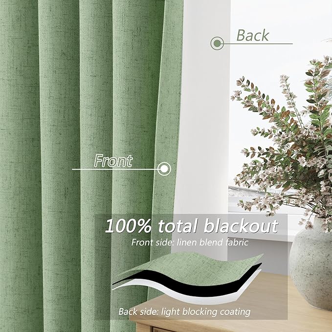 Guken 100% Blackout Linen Curtains 63 Inch Length 2 Panels Set for Living Room Bedroom Back Tab Thermal Insulated Black Out Linen Drapes Room Darkening Window Curtains,Light Sage