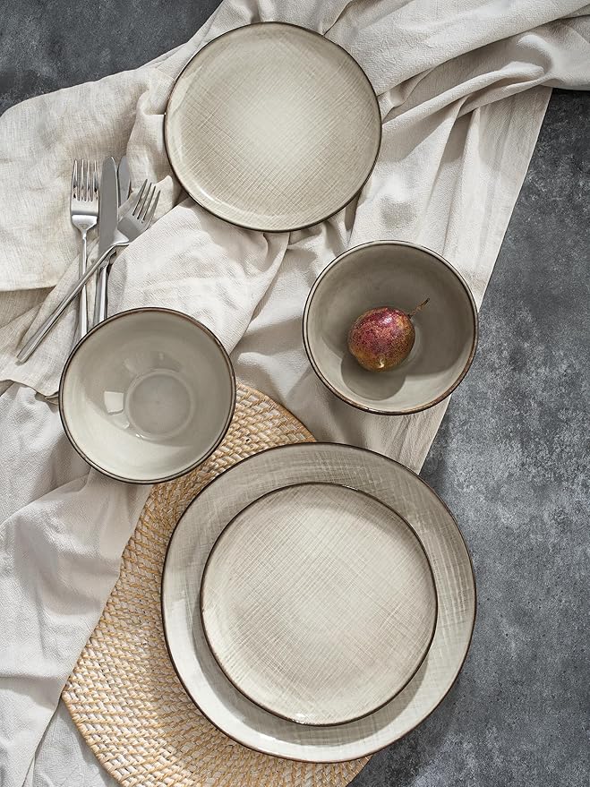 Famiware Moonlight Plates and Bowls Sets, 18 Pieces Stoneware Dinnerware Sets with Linen Finish, Handmade Dishware set for 6, Microwave and Dishwasher Safe, Scratch Resistant Tableware, Summer Sand