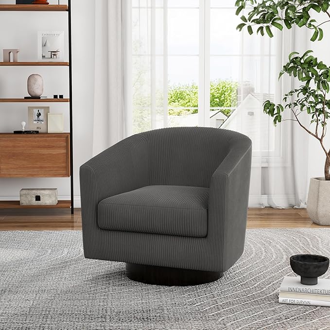 UIXE Swivel Accent Chair, Upholstered Corduroy Barrel Chair for Living Room, Small Single Sofa Bedroom Reading Seat, Gray