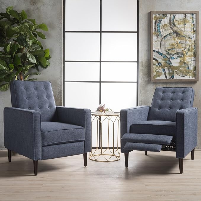 Christopher Knight Home Mervynn Mid-Century Modern Fabric Recliners, 2-Pcs Set, Dark Blue