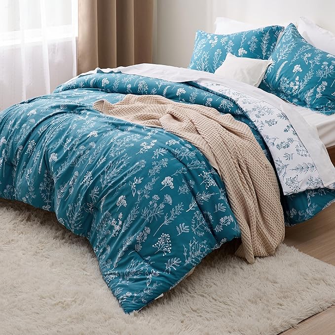 Bedsure California King Comforter Set - Teal Blue Bed Set, 3 Pieces Cute Floral Bedding, 1 Soft Reversible Botanical Flowers Comforter and 2 Pillow Shams