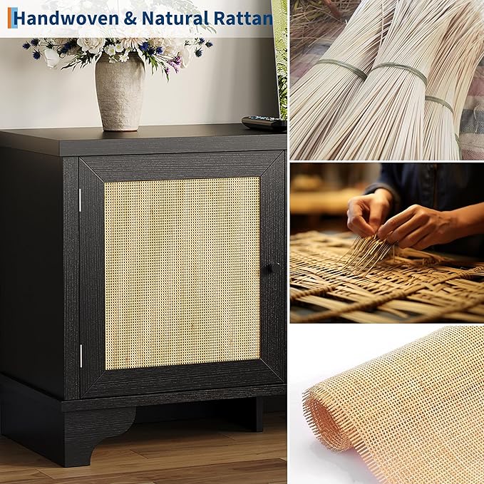 GAOMON Rattan TV Stand Fits TVs Up to 70 Inches, Farmhouse Entertainment Center with Cabinets and Open Shelves, Wooden Media Console Table for Living Room, Black