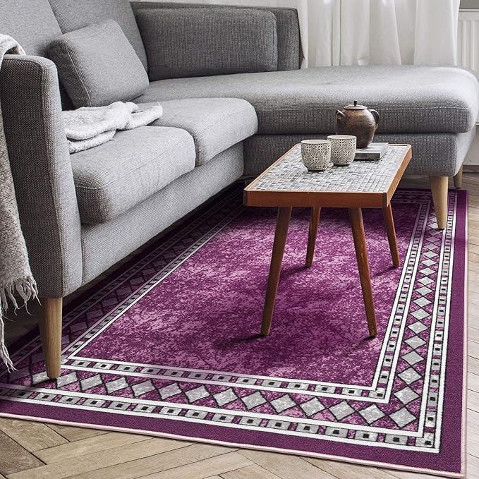 Antep Rugs Alfombras Modern Bordered 4x6 Non-Skid (Non-Slip) Low Profile Pile Rubber Backing Indoor Area Rugs (Purple, 4' x 5'8")