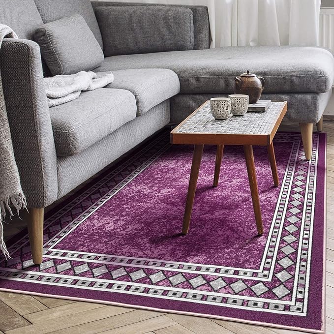 Antep Rugs Alfombras Modern Bordered 5x7 Non-Skid (Non-Slip) Low Profile Pile Rubber Backing Indoor Area Rugs (Purple, 5' x 7')