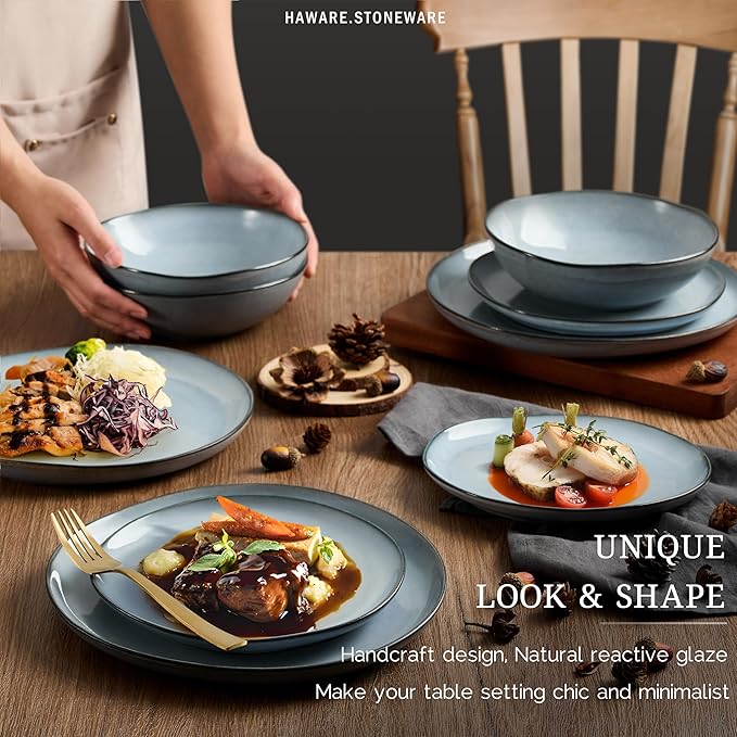 HaWare Dinnerware Sets, 24-Piece Stoneware Plates and Bowls Set, Dish Set for 8, Ceramic Dishware for Home Restaurant, Chip and Scratch Resistant, Microwave and Dishwasher Safe, Reactive Foggy Blue