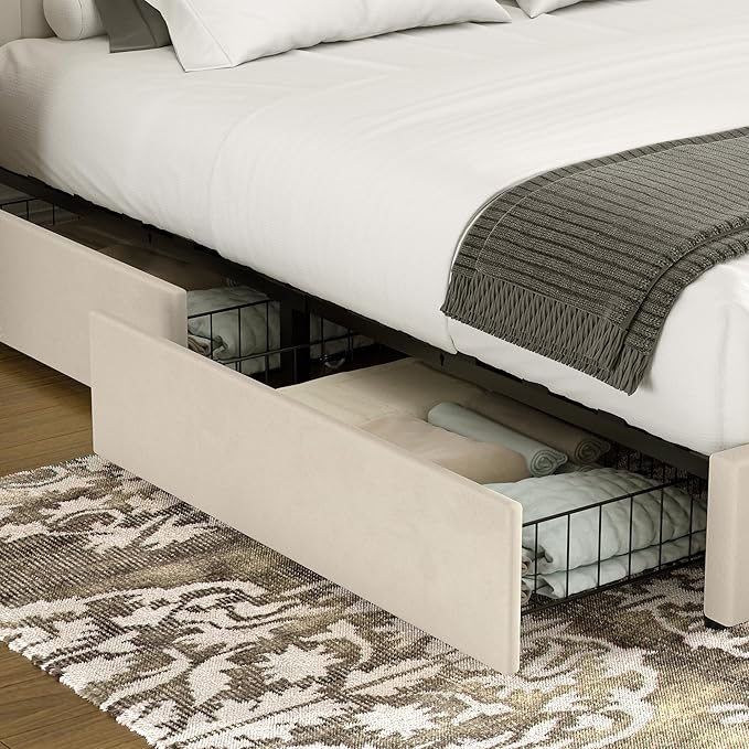 VECELO Full Size Upholstered Bed Frame with 4 Drawers and Headboard, Velvet Platform Storage Bedframe, Wooden Slats Support, No Box Spring Needed,Beige