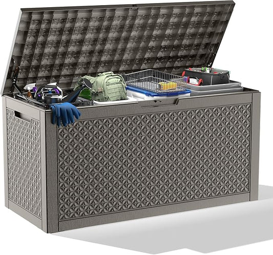 New 100 GallonOutdoor Storage Box,Resin Deck Boxes Waterproof, IndoorOutdoor Bin for Package Delivery, Patio Cushions, Gardening Tools, Lockable, UV Resistant
