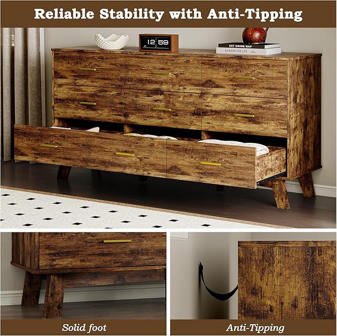 Dresser for Bedroom with 9-Drawer, 59" Wide Modern Chest of Drawers with Metal Handles, X-Shape Base & Adjustable Center Leg, Anti-Tip Closet Organizers and Storage