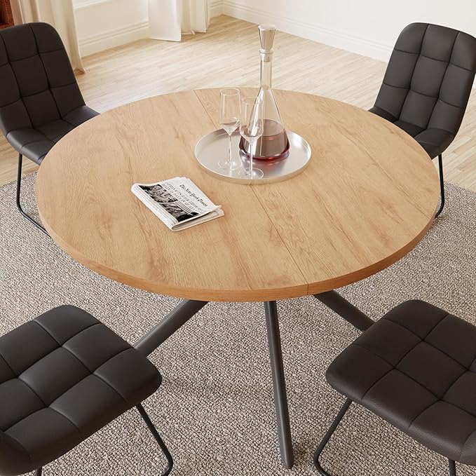 45.3 Inch Round Dining Table Set for 4, Mid Century Modern Small Kitchen Coffee Set for Dining Room Kitchen Apartment (Oak Table + 4 U-Shaped Black Chairs)