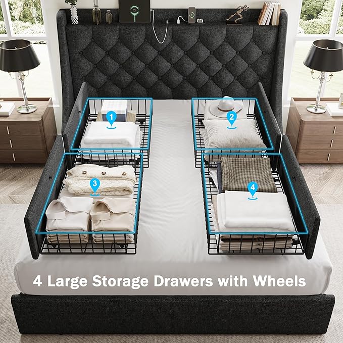 Full Size Bed Frame with 4 Storage Drawers, Giant Upholstered Wingback Headboard, Fast Charging Station, No Box Spring Needed, Noise-Free, Dark Grey