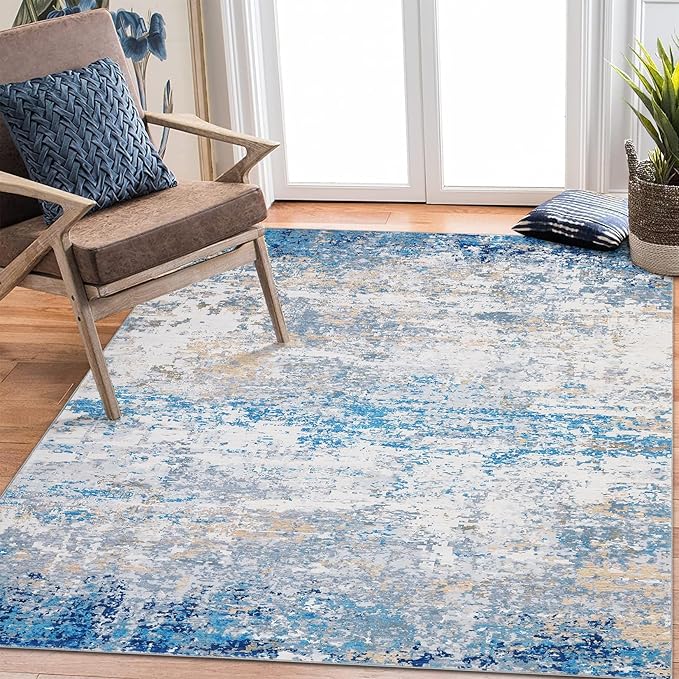 6x9 Modern Abstract Area Rug Non Slip Non Shedding Low Pile Stain Resistant Rug Soft Carpet for Bedroom Living Room, Blue/Grey