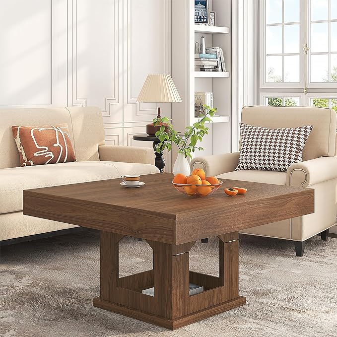 Square Coffee Table, Wooden Coffee Table with Storage and Cat House, Rustic Brown Cocktail Table for Living Room, Farmhouse Large Center Table