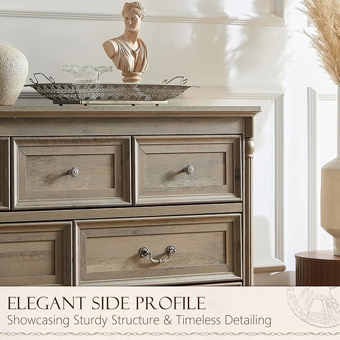 Yechen Rustic 7-Drawer Solid Wood Dresser for Bedroom & Living Room – Vintage Storage Cabinet with Decorative Hardware, Sturdy Construction & Versatile Organizing Solutions (Light Rustic Oak)