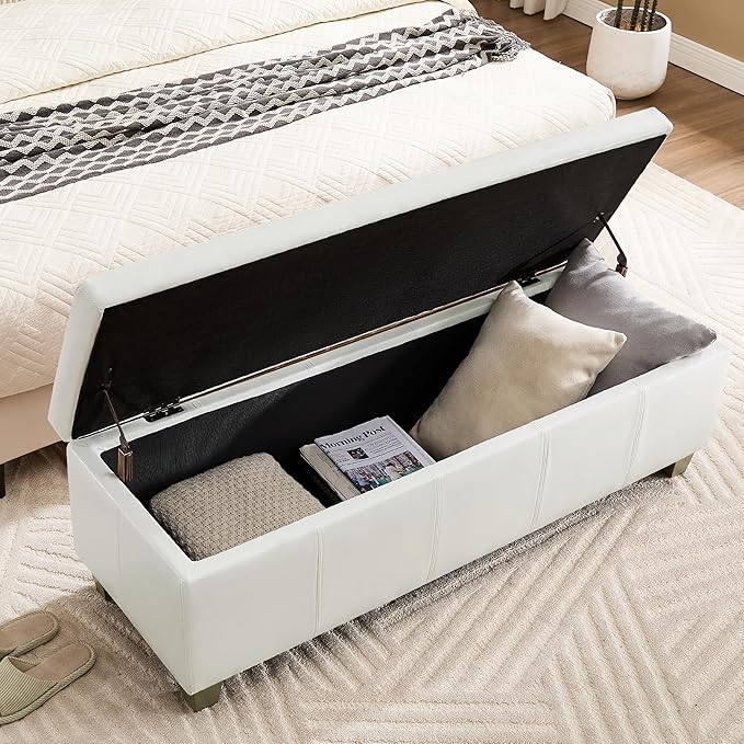 51" Faux Leather Storage Ottoman, Stitch Tufted Rectangle Upholstered End of Bed Storage Bench, Entryway Large Couch Ottoman with Wooden Legs,White