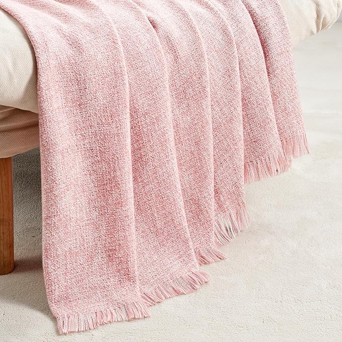 BOURINA Faux Cashmere Fringe Throw Blanket Decorative Lightweight Throw Soft Cozy for Bed or Sofa Outdoor Blanket, 50x70 Inches Pink
