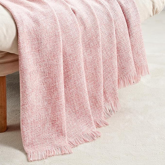 BOURINA Faux Cashmere Fringe Throw Blanket Decorative Lightweight Throw Soft Cozy for Bed or Sofa Outdoor Blanket, 50x70 Inches Pink