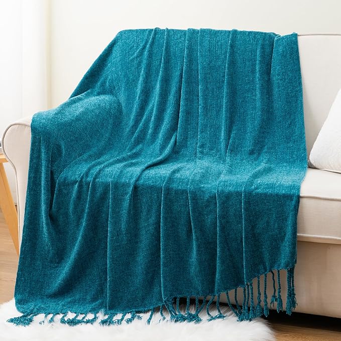 BATTILO HOME Teal Blue Throw Blanket for Couch, Bed, Sofa - Soft Cozy Chenille Throw with Fringe Tassels, Lightweight Knit Throw for Home Decor, 50"x60"