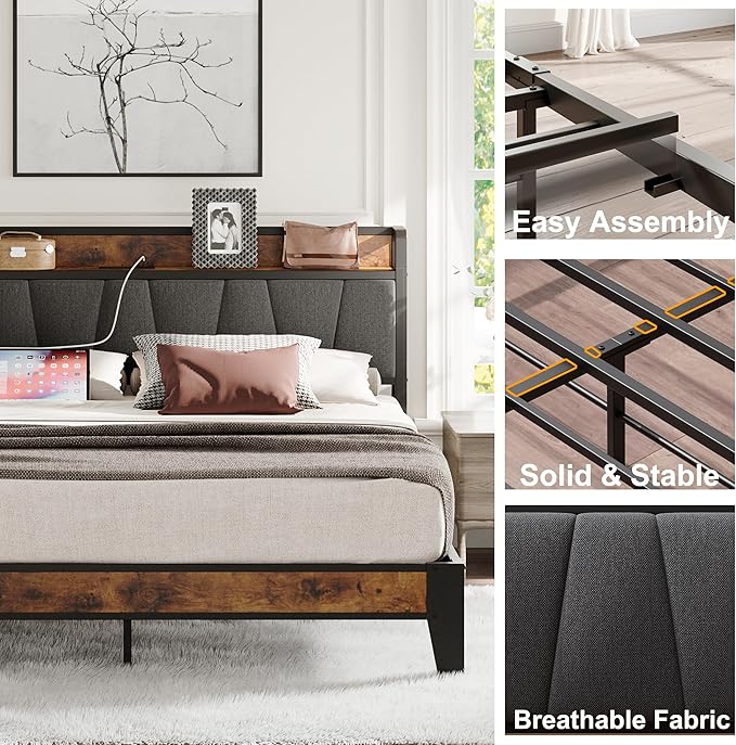 LIKIMIO King Size Bed Frame, Storage Headboard with Charging Station, Solid and Stable, Noise Free, No Box Spring Needed, Easy Assembly