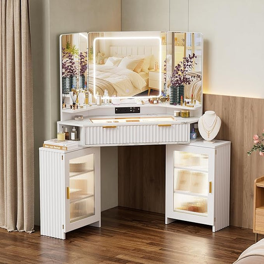 Corner Vanity Desk with 3 Way Mirror & LED Light, Fluted Makeup Vanity with Glass Top, Charging Station, Large Drawer & 2 Sliding Storage Cabinets with Human Sensor Light, White Marble
