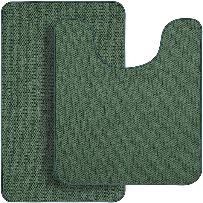 Bathroom Rugs Set 2 Pieces,Thin Bathroom Mats,Toilet Rugs,Quick Dry,Non-Slip,Machine Washable,Low Pile,Absorbent Bath Mats,Shower,Sink,Home Decor Accessories.Green,1'5"x2'3"+1'8"x2" U Shape