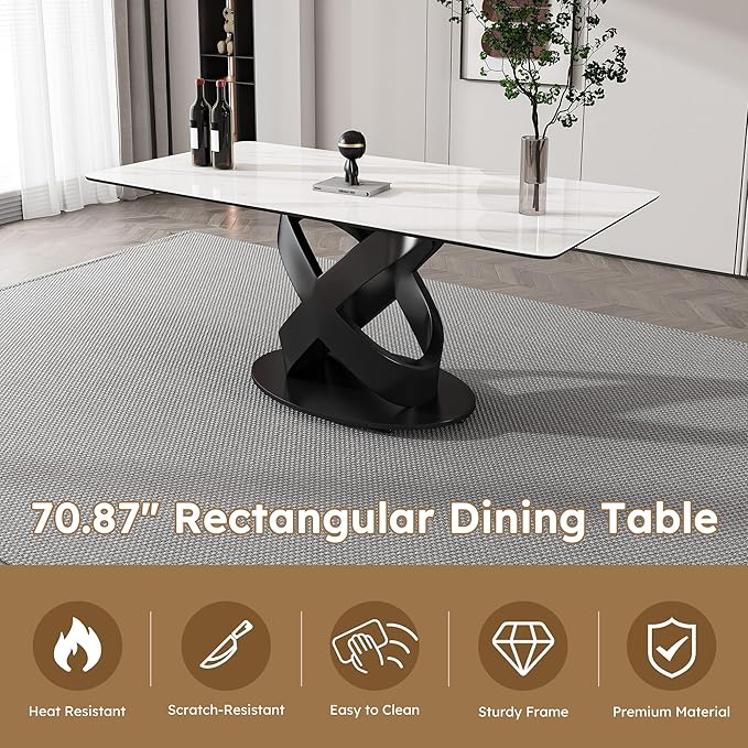71" Modern Marble Dining Table with 8 Chairs, Sintered Stone Top for Kitchen, Dining Room, Dinette, Space Saving Design