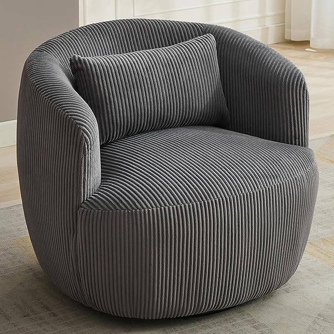 Aoiy & Wifon 34.25" W Swivel Barrel Chair Set of 2, Upholstered Round Small Accent Chair, Single Comfy Barrel Chair for Living Room, Corduroy, Charcoal