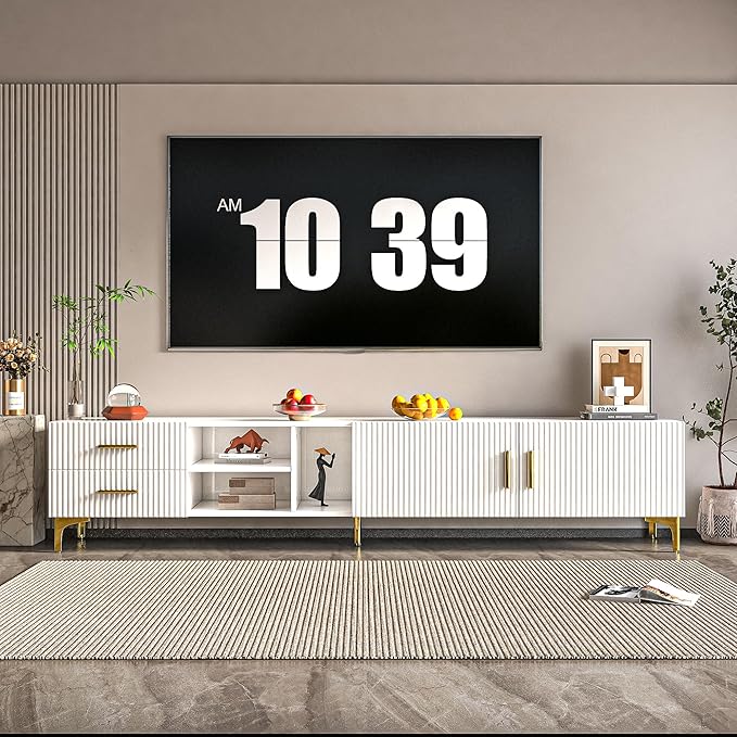 70" Fluted TV Stand for TVs Up to 80", Modern Entertainment Center with Storage, Media Console for Living Room Bedroom, TV Console（White）