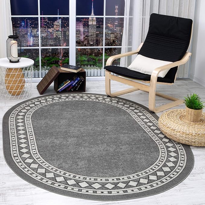 Antep Rugs Alfombras Modern Bordered 5x7 Non-Skid (Non-Slip) Low Profile Pile Rubber Backing Indoor Area Rugs (Gray, 5' x 7' Oval)