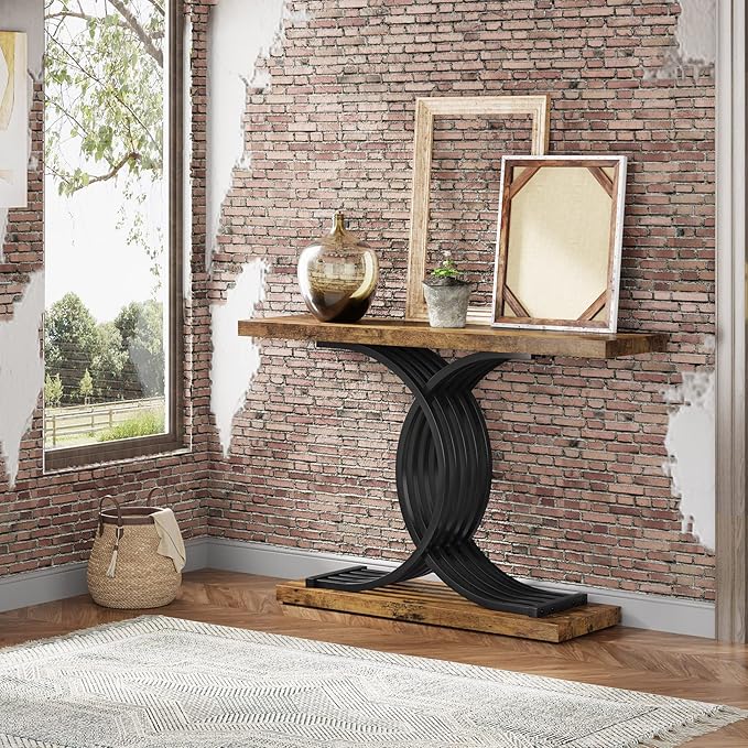 Industrial Entryway Console, 39" Vintage Accent Table with Geometric Metal Legs, Narrow Wooden Sofa Foyer Table for Entrance, Living Room (Rustic Brown & Black)
