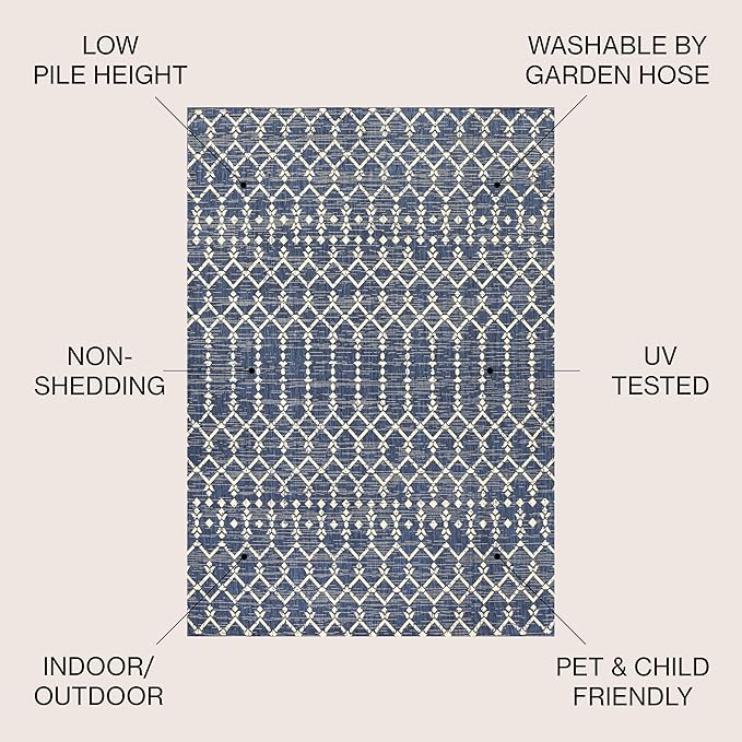 JONATHAN Y Moroccan Geometric Indoor Outdoor Area Rug 5X8 Navy/Beige, Ourika Textured Weave for Backyard, Patio, Porch, Easy-Cleaning, High Traffic, Pet-Friendly, Non-Shedding (SMB108K-5)