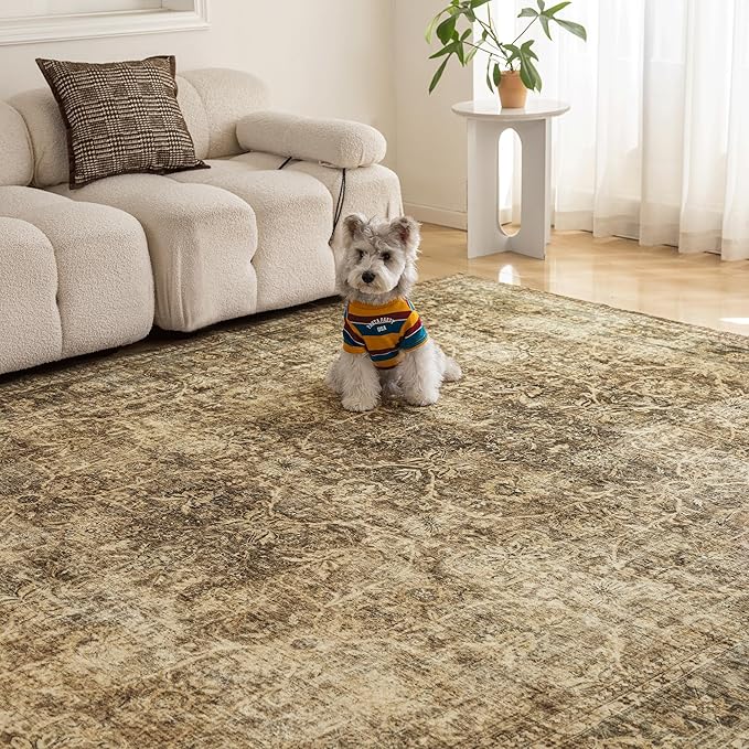 FMFUNCTEX 5ft Round Washable Area Rug Brown Vintage Neutral Distressed Non Slip Carpet for Living Room Bedroom Soft Low Pile Indoor Mat Retro Floral Throw Rug for Dining Room Office Nursery Bedside