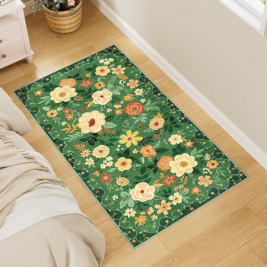 DUKINO 2x4 Rug for Entryway, Washable Kitchen Floral Runner Rug with Non Slip Backing, Low Pile Soft Boho Carpet for Kitchen, Hallway, Entryway, Laundry, Bedroom, Dark Green