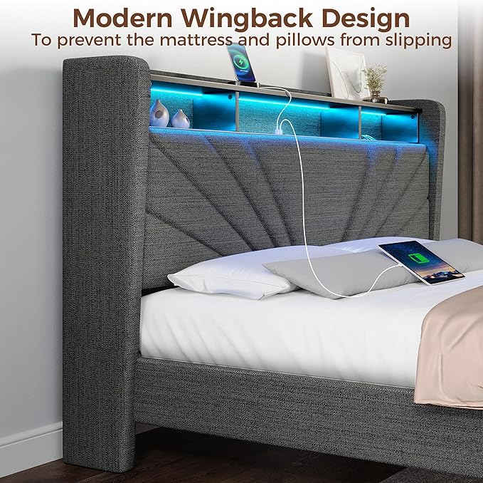 Rolanstar Full Size Bed Frame, Storage Headboard with Charging Station and LED Lights, Upholstered Bed with Heavy Duty Wood Slats, No Box Spring Needed, Noise Free, Easy Assembly, Dark Grey