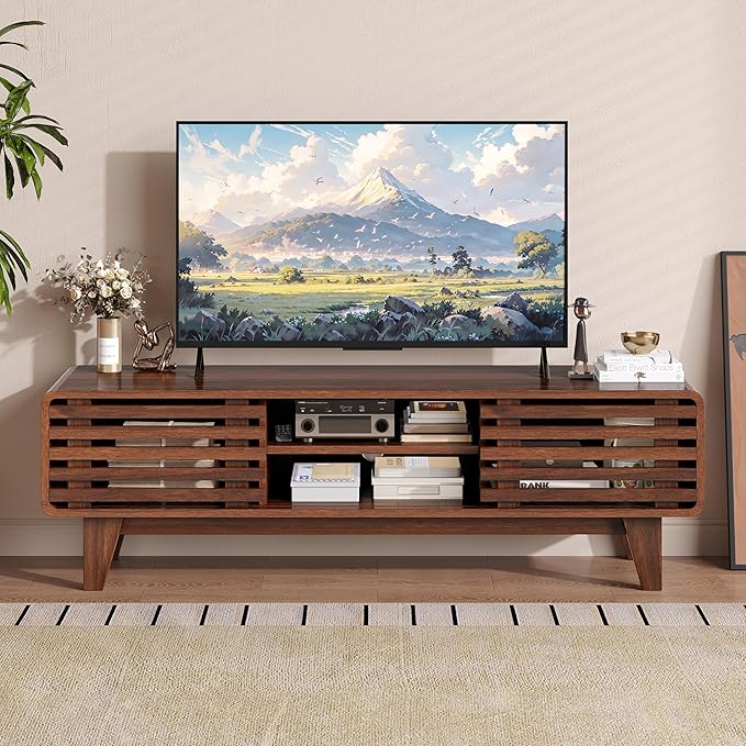 Luoxiao TV Stand for 60 Inch TV, Mid Century Modern Entertainment Center with Storage Boho Television Stand with Shelves and Grille Sliding Doors Wood Media Console for Living Room, Walnut