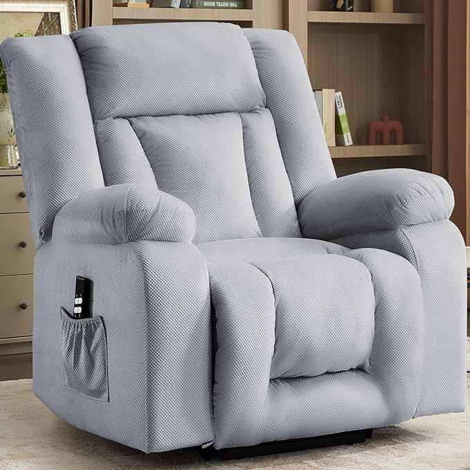 Oversized Dual Motor Power Lift Recliner for Adults, Electric Lift Chair with Heating and Massage, Waffle Fabric Electric Recliner Chair with Side Pockets, Wide Recliner for Living Room