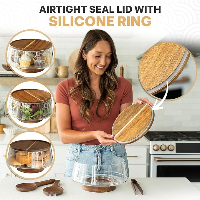 Large Glass Salad Bowl with Lid Set, 5.7 L Decorative Glass Mixing Bowl, Trifle and Serving Bowls with Lids as Cheese Charcuterie Board and Plate, Comes with Wood Serving Utensils