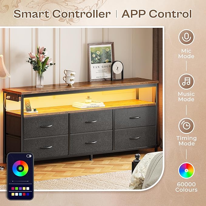 Huuger LED TV Stand for Bedroom, 55 Inch Fabric Dresser with Power Outlets, Entertainment Center for 60, 55 Inch TV, 6 Drawer Dresser for Bedroom, Chest of Drawers with Shlef, PU Leather, Rustic Brown