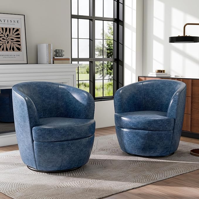 Swivel Barrel Chair, Modern Round PU Leather Accent Armchair for Living Room, Bedroom, Comfy Club Reading Chairs for Adults (Leather Navy Blue, Set of 1)
