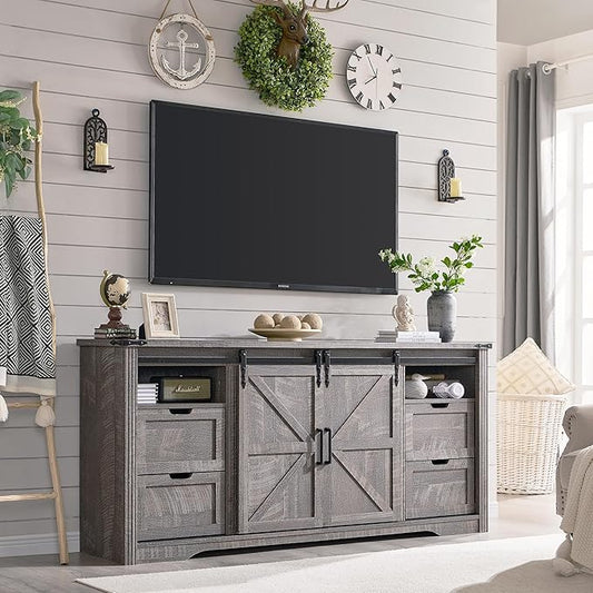 Farmhouse TV Stand for 75+ Inch TV, 32" Tall Entertainment Center w/4 Drawers & Sliding Barn Door, Rustic Media Console w/Storage Shelves, 66" Wood Television Stand for Living Room, Grey Wash