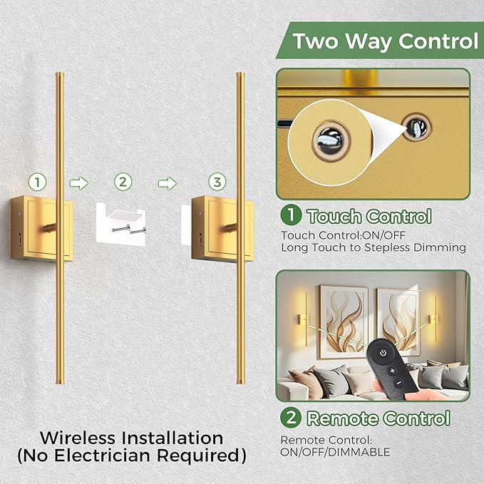 DORESshop Battery Operated Wall Sconces Set of Two with Remote Control, Rechargeable Wall Sconce, 350°Rotate Dimmable Wireless Wall Sconce for Living Room, Hallway, Bedroom, 23.7 Inch, Gold(2 Pack)