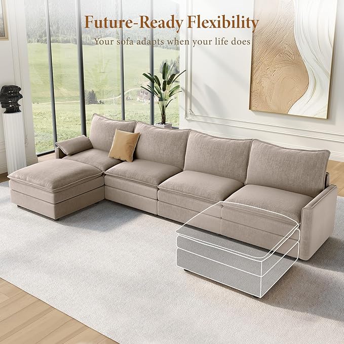 Vesgantti 142" Cloud Couch Sectional Modular Sofa, Comfy Sectional Couch with Ottoman Deep Seat Chenille L Shaped Sofa, Modular Couches for Living Room, Bedroom and Apartment, Light Brown