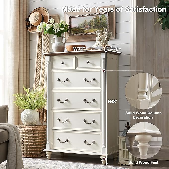 T4TREAM Farmhouse 6 Drawers Dresser Chests for Bedroom w/4 Solid Wood Feet &Column Decor, Tall Wood Rustic Chest of Drawers, Storage Dressers Organizer for Bedroom, Living Room, Nursery, Antique White