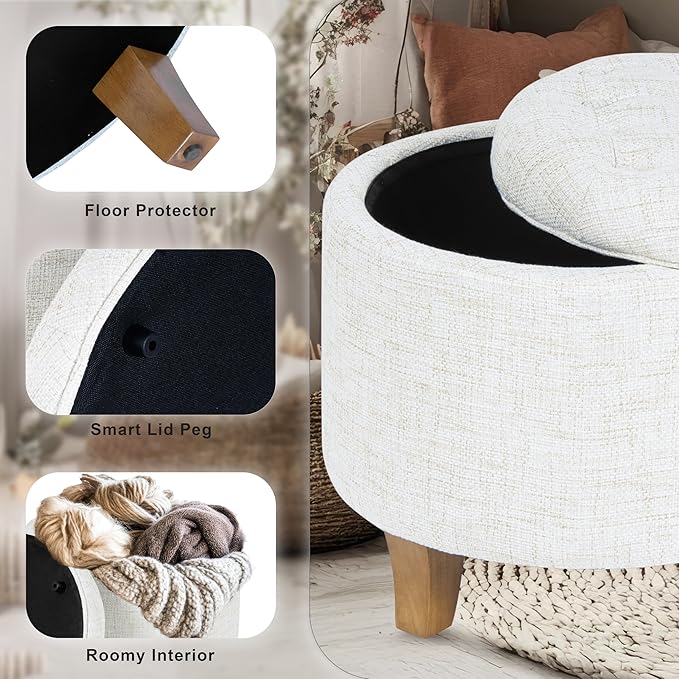 HomePop Home Decor | Upholstered Round Tufted Foot Rest Ottoman | Ottoman with Storage for Living Room & Bedroom | Decorative Home Furniture, Cream Textured Solid