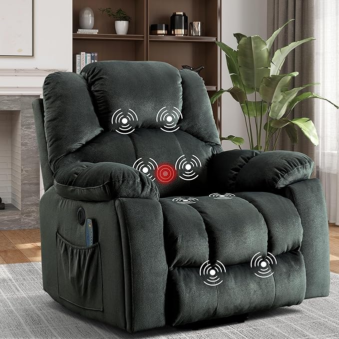 Power Lift Recliner Chair with Massage and Heating, Lift Chairs Recliner for Elderly, Upholstered Comfy Power Lift Chair with 2 Hidden Cup Holders, Side Pockets, USB Port, Grey Green