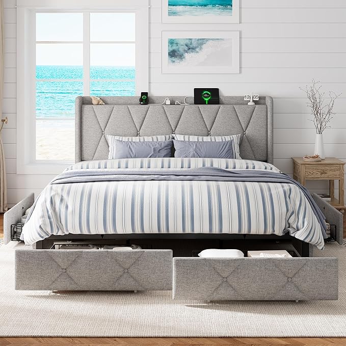 King Size Bed Frame with 4 Storage Drawers, Upholstered Platform Bed with Charging Station, Modern Wingback Storage Headboard, Easy Assembly,Noise-Free, Light Gray