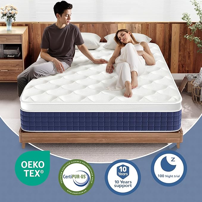 12 Inch Queen Hybrid Mattress in a Box, Cooling Gel Memory Foam & Pocket Springs for Pressure Relief, Motion Isolation, Medium Firm Feel, CertiPUR-US Certified