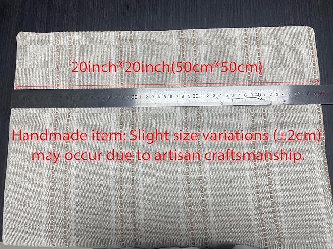 Hckot Hand Made Throw Pillow Covers 20x20 Set of 2 Striped Pillow Covers Linen Decorative Pillows Square Cushion Covers for Sofa Couch Bed Living Room Farmhouse Decor, Khaki